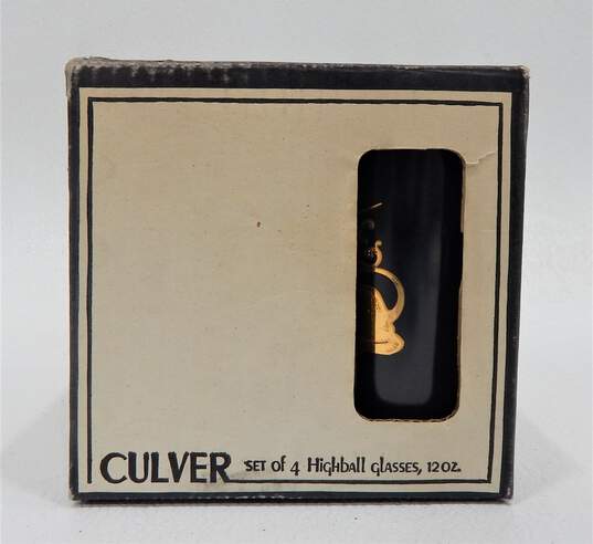 Vintage MCM Culver Unicorn 22K Gold Black Highball Glasses Set of 4 IOB image number 1