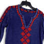 Womens Blue Split Neck 3/4 Sleeve Embroidered Pullover Shift Dress Size M image number 3