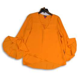 Vince Camuto Womens Orange V-Neck Bell Sleeve Pullover Blouse Top Size M