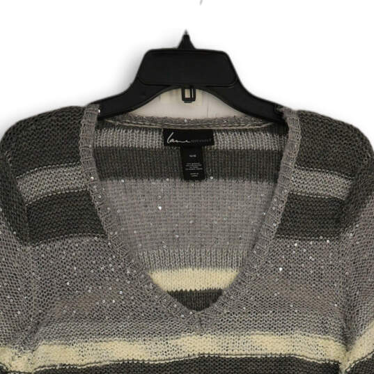 Womens Gray Striped Sequin V-Neck Long Sleeve Pullover Sweater Size 14/16 image number 3