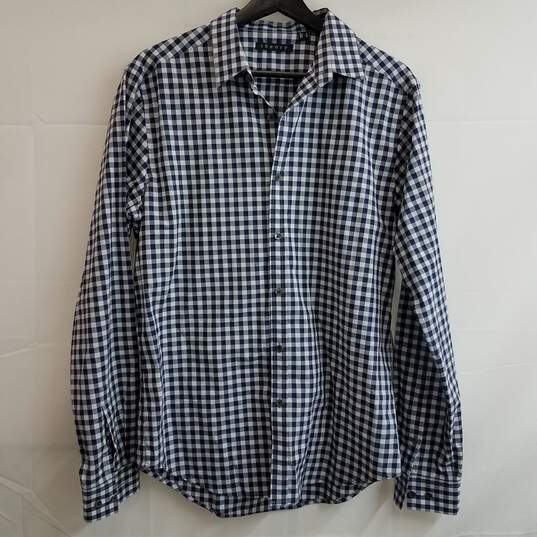 Theory blue and white gingham button up shirt men's M image number 1