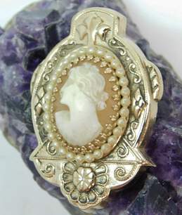 Vintage Coro Gold Tone Faux Seed Pearl Accent Cameo Brooch 14.2g