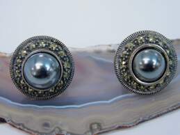 Judith Jack 925 Sterling Silver Marcasite & Pearl Omega Clip Earrings