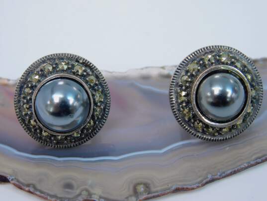 Judith Jack 925 Sterling Silver Marcasite & Pearl Omega Clip Earrings image number 1