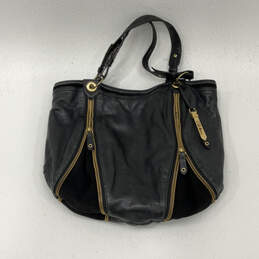 Womens Black Leather Inner Zip Pocket Double Handle Strap Shoulder Bag