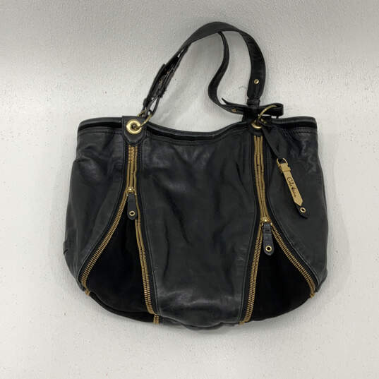 Womens Black Leather Inner Zip Pocket Double Handle Strap Shoulder Bag image number 1