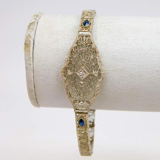 Antique Art Deco 14K White Gold 0.03 CT Diamond Blue Glass Filigree Bracelet 6.7g image number 4