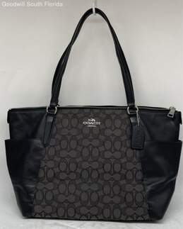 Coach Womens Black Signature Canvas Leather Double Handle Zip Top Tote Handbag