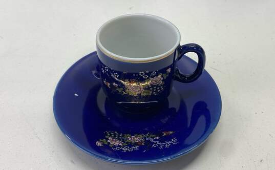 Espresso Cup and Saucer Peacock Motif Royal Blue Japan 12 pc. Set image number 3