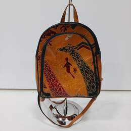 Brown Leather African Art Stylized Giraffe Mini Backpack