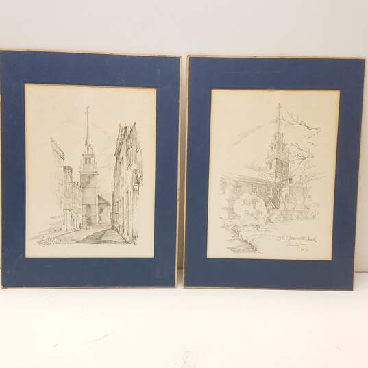 Charles H. Overly - Sketch of Historic Church - OLD NORTH CHURCH, BOSTON - Matted Print Lot of 2 image number 1