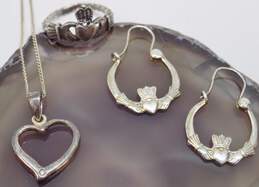 Romantic 925 Sterling Silver Claddagh Hoop Earrings Ring & Open Heart Pendant Necklace 6.3g