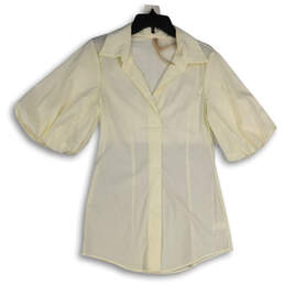 Womens White Spread Collar Pleated Short Puff Sleeve Blouse Top Size M