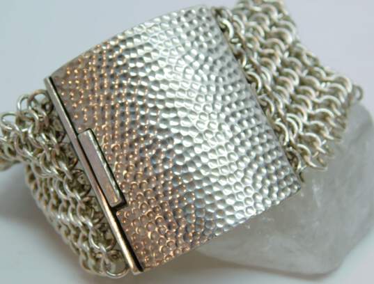 Signed Melamun 925 Wide Chainmail Hammered Texture Clasp Bracelet 105.5g image number 2