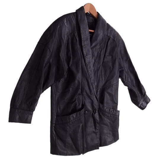 Women's Black Front Pocket Button Closer V Neck Leather Jacket Size Medium image number 1