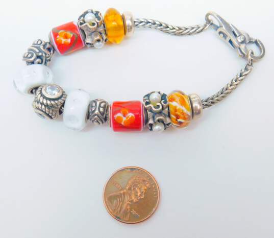 Trollbeads LAA 925 White Red & Orange Floral Art Glass Cubic Zirconia & Pearls Charm Beads Wheat Chain Bracelet 40.1g image number 4