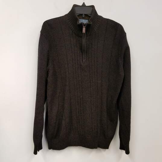 Mens Brown Knitted Long Sleeve Quarter Zip Pullover Sweater Size X-Large image number 1