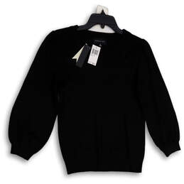 NWT Womens Black Crew Neck Tight-Knit Balloon Sleeve Pullover Sweater Sz M