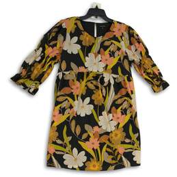 Womens Multicolor Floral Long Sleeve Round Neck Keyhole Back Shift Dress Size XL