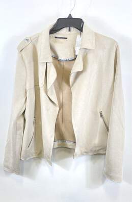 NWT Tahari Womens Tan Faux Leather Pockets Long Sleeve Open Front Jacket Size XL