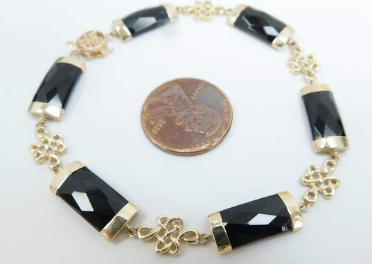14K Yellow Gold Faceted Black Glass Bars & Chinese Knot Linked Bracelet 7.2g image number 5