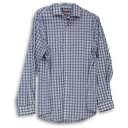 Mens Blue Check Long Sleeve Collared Front Pocket Dress Shirt Size 34/35