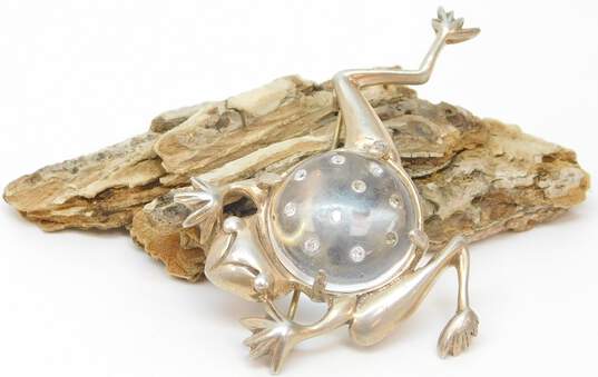 Vintage 925 Rhinestones Accented Clear Lucite Dome Jumping Frog Animal Brooch 15.9g image number 1