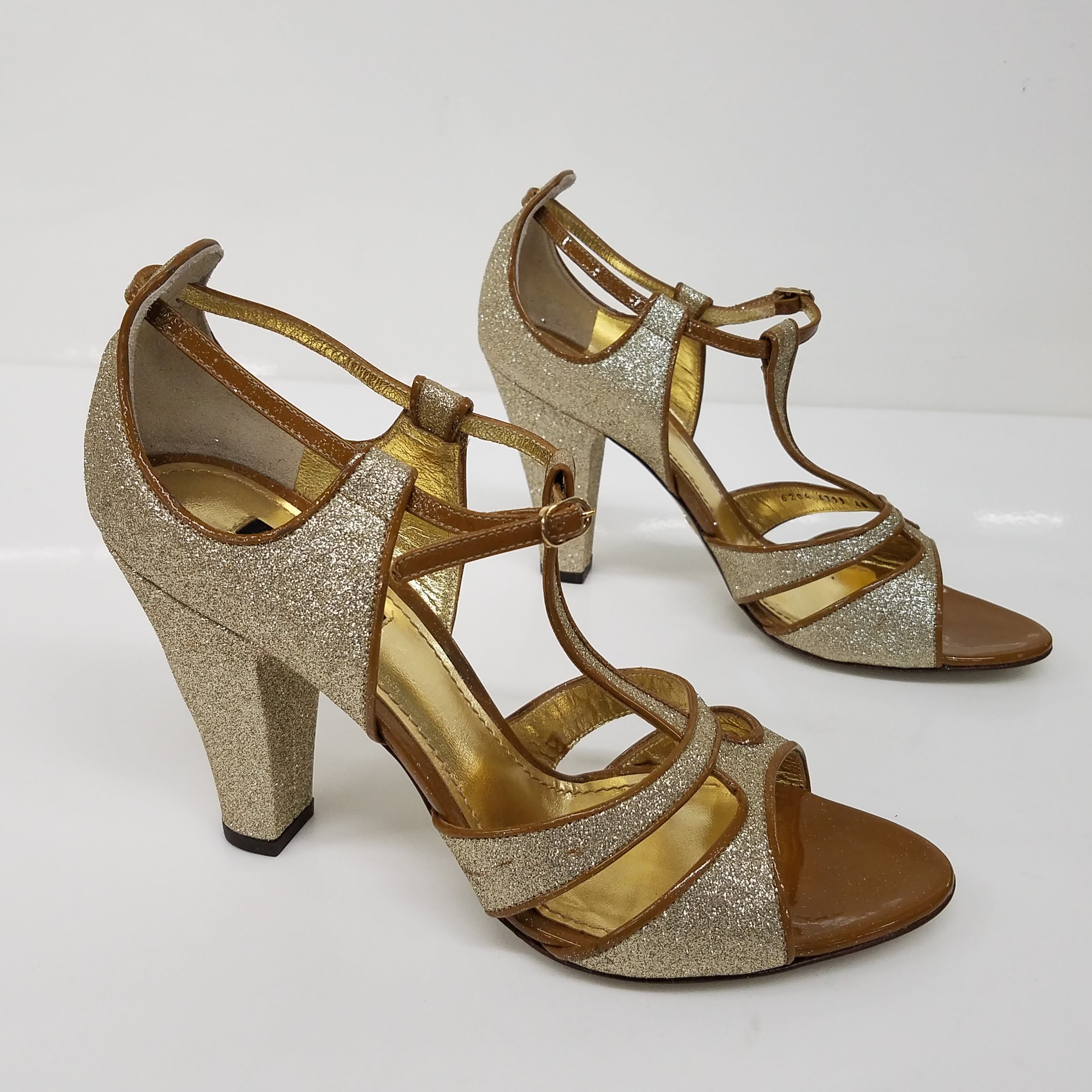 Fioni Nights Stiletto Heels Size 6 Gold Glitter Strappy Open Toe Zipper  Prom | eBay