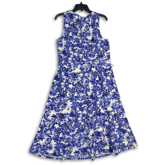 Womens Blue White Floral Sleeveless Tie Waist Fit & Flare Dress Size 12 image number 2