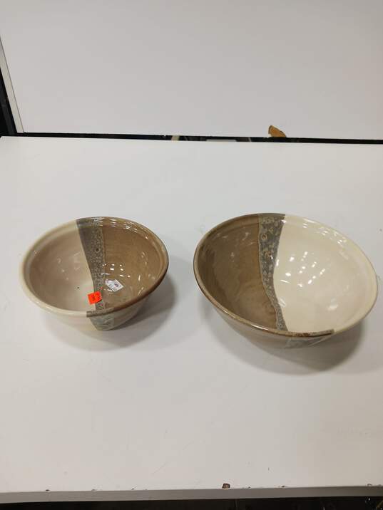 Pair of Beige & Brown Pottery Bowls image number 1