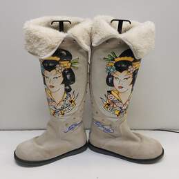 Ed Hardy Kiss Of Death Geisha Print Suede Tall Knee Boots Women's Size 7