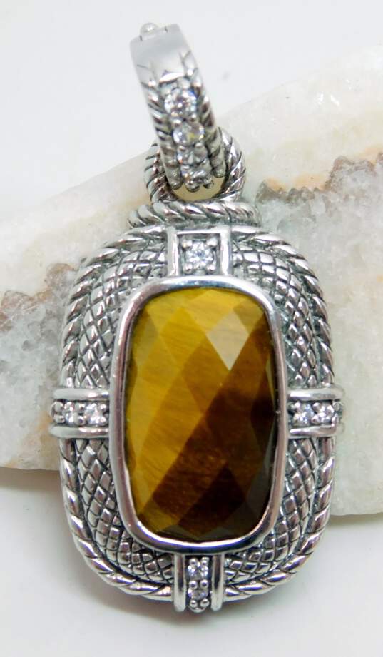Judith Ripka 925 Faceted Tigers Eye & Cubic Zirconia Cable Rectangle Pendant image number 1