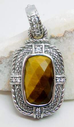 Judith Ripka 925 Faceted Tigers Eye & Cubic Zirconia Cable Rectangle Pendant