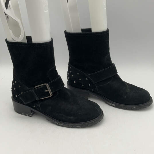 Womens Black Suede Round Toe Adjustable Strap Studded Biker Boots Size 38.5 image number 1