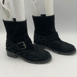 Womens Black Suede Round Toe Adjustable Strap Studded Biker Boots Size 38.5