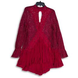 NWT Free People Womens Red Lace Bell Sleeve Asymmetrical Hem A-Line Dress Size L