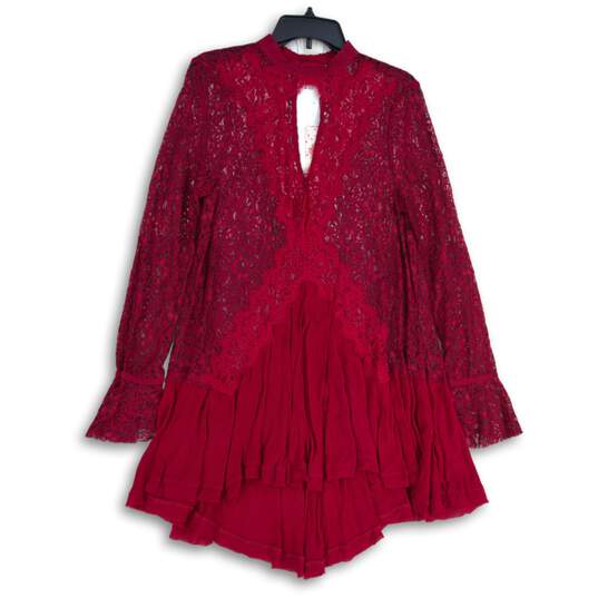 NWT Free People Womens Red Lace Bell Sleeve Asymmetrical Hem A-Line Dress Size L image number 1