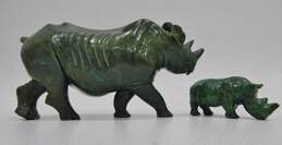 2 Hand Carved Verdite African Jade Stone Rhino Sculptures Figurines