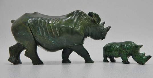 2 Hand Carved Verdite African Jade Stone Rhino Sculptures Figurines image number 1
