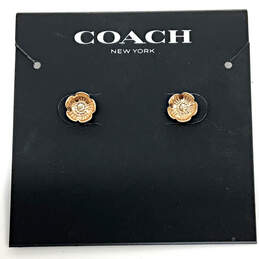 Designer Coach Gold-Tone Flower Shape Crystal Cut Stone Stud Earrings