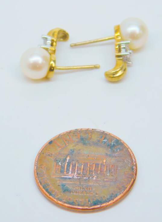 10K Yellow Gold 0.12 CTTW Diamond & Cultured Pearl Earrings 2.0g image number 4