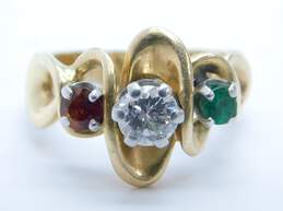 Vintage 14K Yellow Gold 0.56 CT Round Diamond Emerald Garnet Freeform Ring 7.0g alternative image