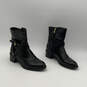 Womens Black Leather Almond Toe Buckle Block Heel Riding Boots Size 6 image number 1