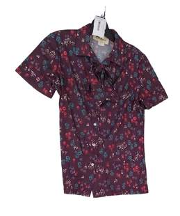 Womens Brown Floral Short Sleeve Collared Button Up Shirt Size 36