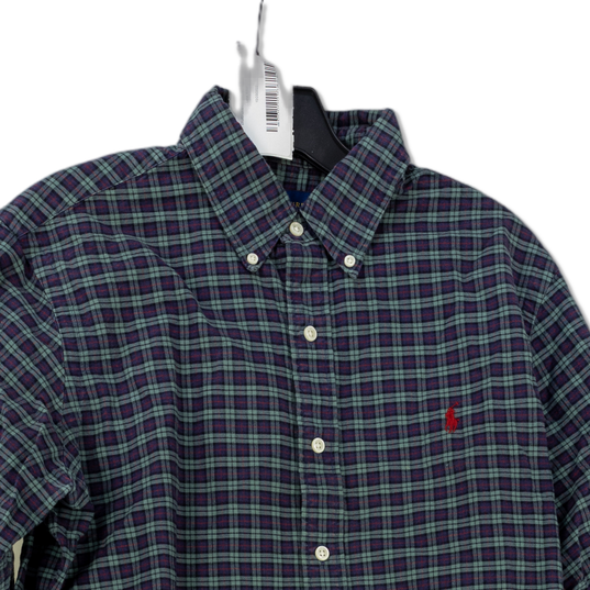 Mens Blue Green Plaid Long Sleeve Collared Button Down Shirt Size Medium image number 3