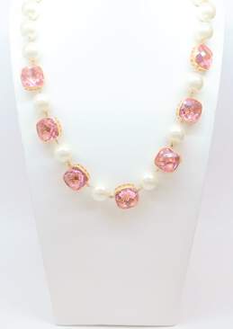 Joan Boyce Rose Gold Tone Pink Crystal Faux Pearl Necklace 169.4g