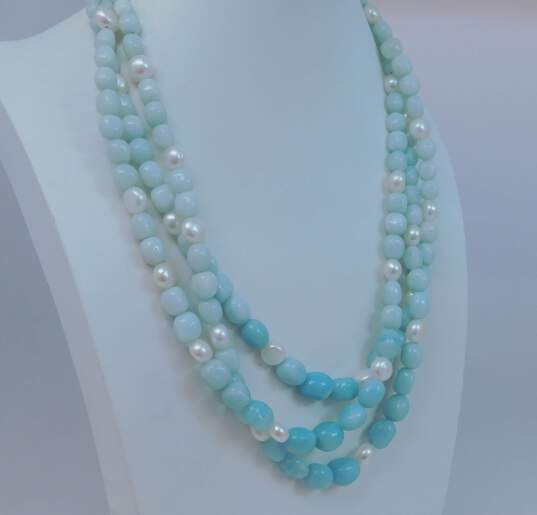 Artisan 925 Amazonite & White Pearls Beaded Multi Strand Statement Toggle Necklace 124g image number 2