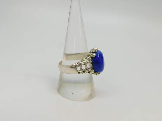Artisan 925 Lapis Lazuli Cabochon Brutalist & Faux Turquoise Stamped Leaves Rings 10.5g image number 3