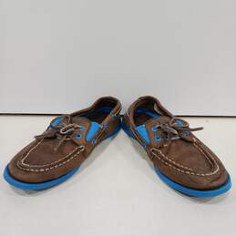 Boys Brown Blue Leather Moc Toe Low Top Lace Up Boat Shoes Size 12.5