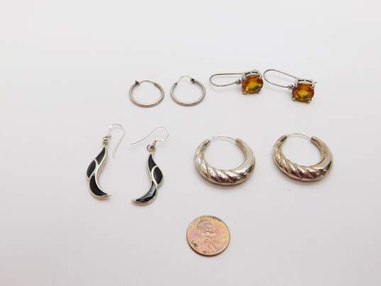 Artisan 925 Faceted Orange Glass & Black Enamel Inlay Drop & Puffed Ridged & Etched Hoop Earrings 23.9g image number 6